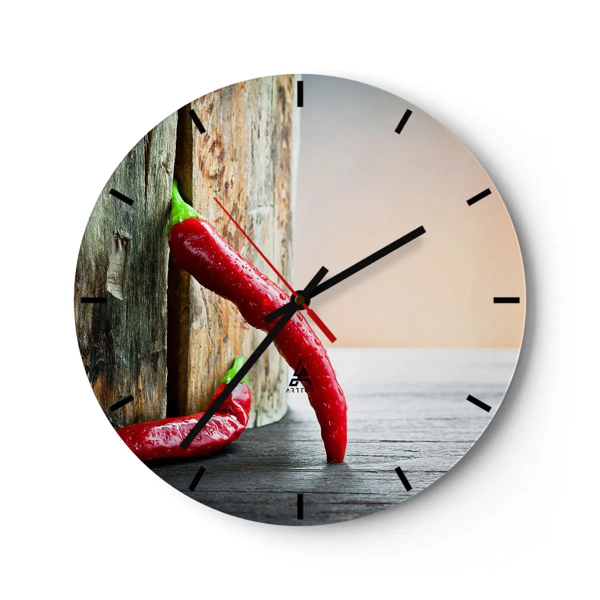 Reloj de pared - Reloj de vidrio - Chiles rojos sobre un fondo de madera - 30x30cm - Pimientos rojos picantes - Decoración de pared moderna para salón, cocina y dormitorio ARTTOR