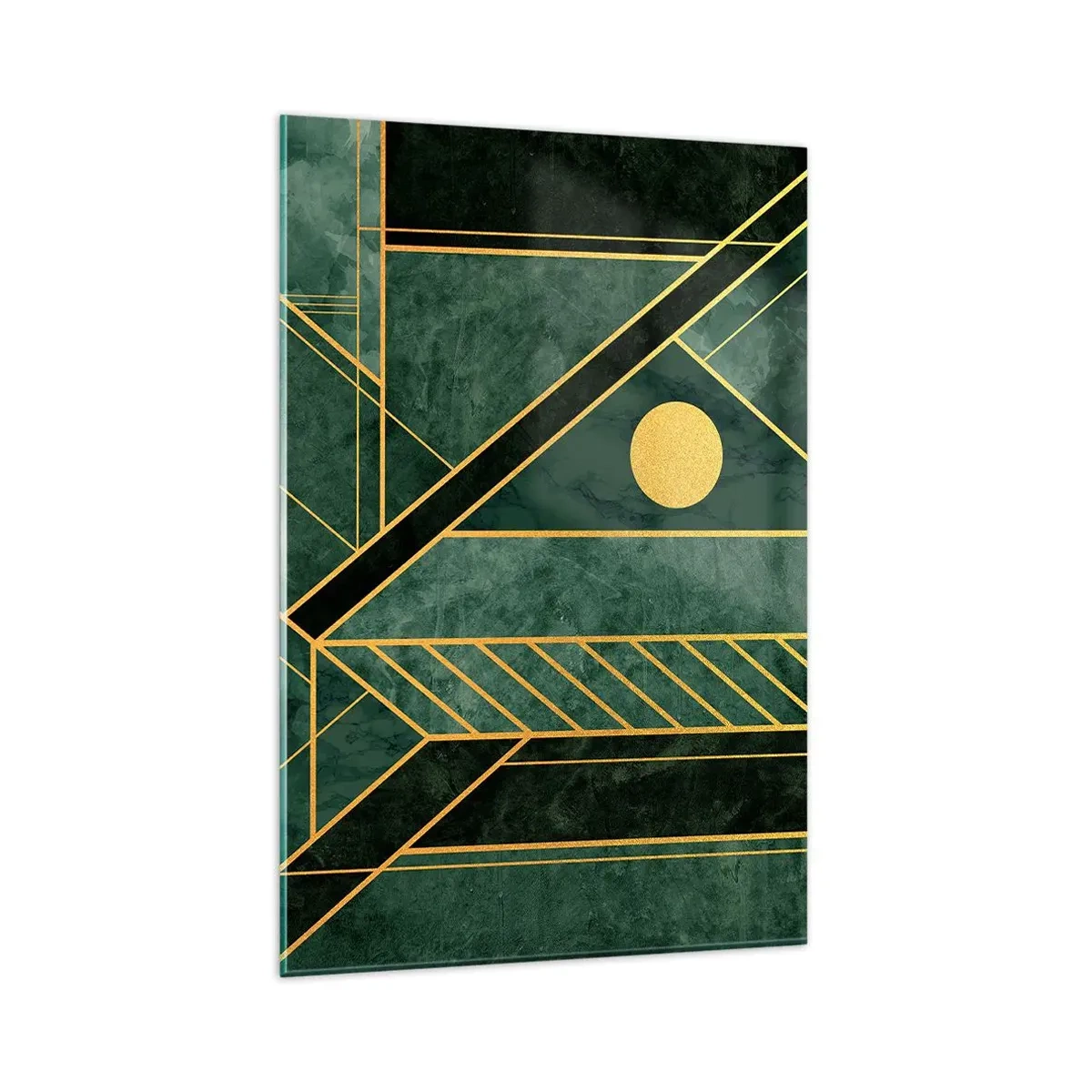 Cuadro sobre vidrio - Impresiones sobre Vidrio - Diseño geométrico verde y dorado con un patrón elegante. - 80x120cm - La dinámica del oro y el azul - Decoración de pared moderna para salón y dormitorio ARTTOR
