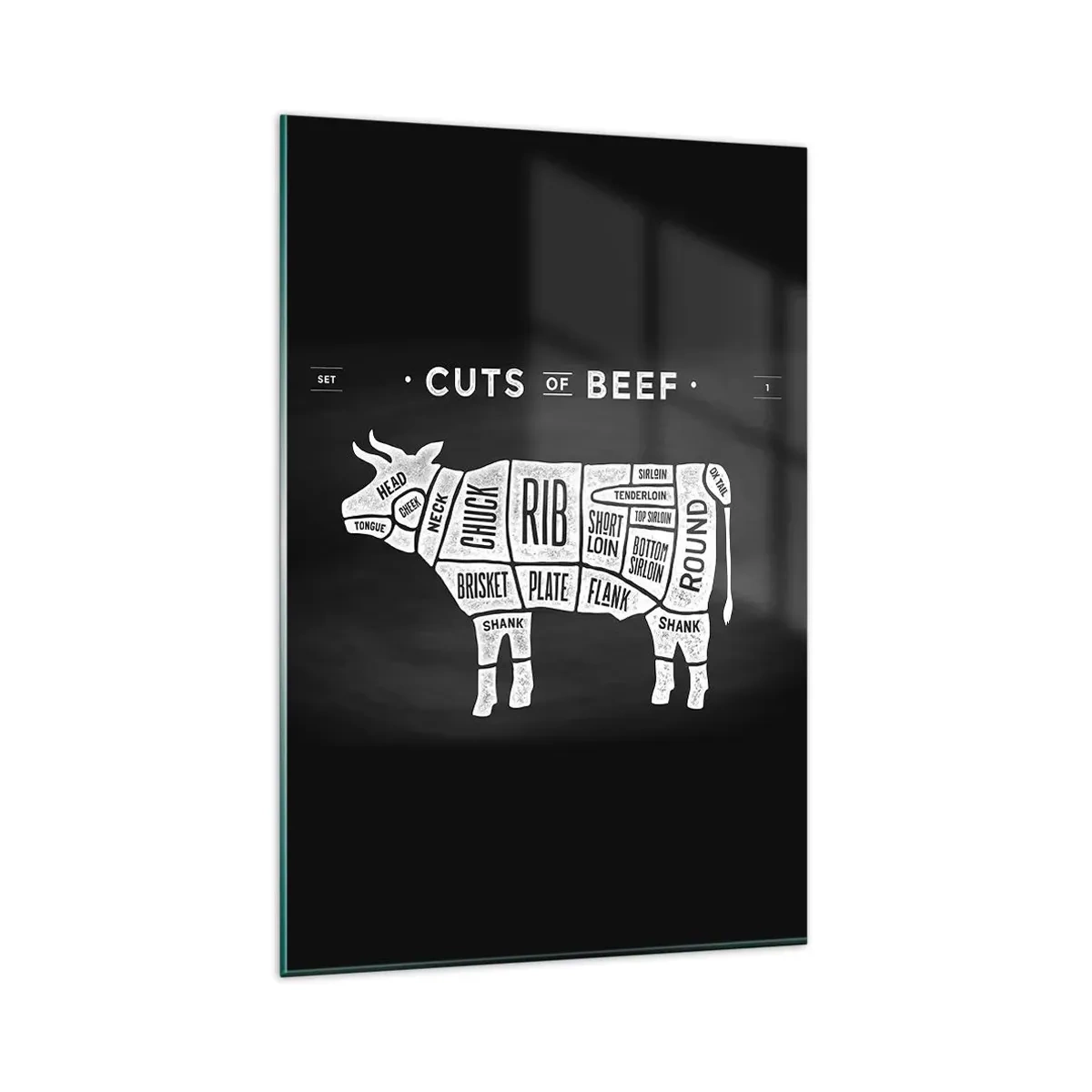 Cuadro sobre vidrio - Impresiones sobre Vidrio - Diagrama de cortes de carne de res sobre un fondo negro - 80x120cm - Manual del carnicero - Decoración de pared moderna para salón y dormitorio ARTTOR
