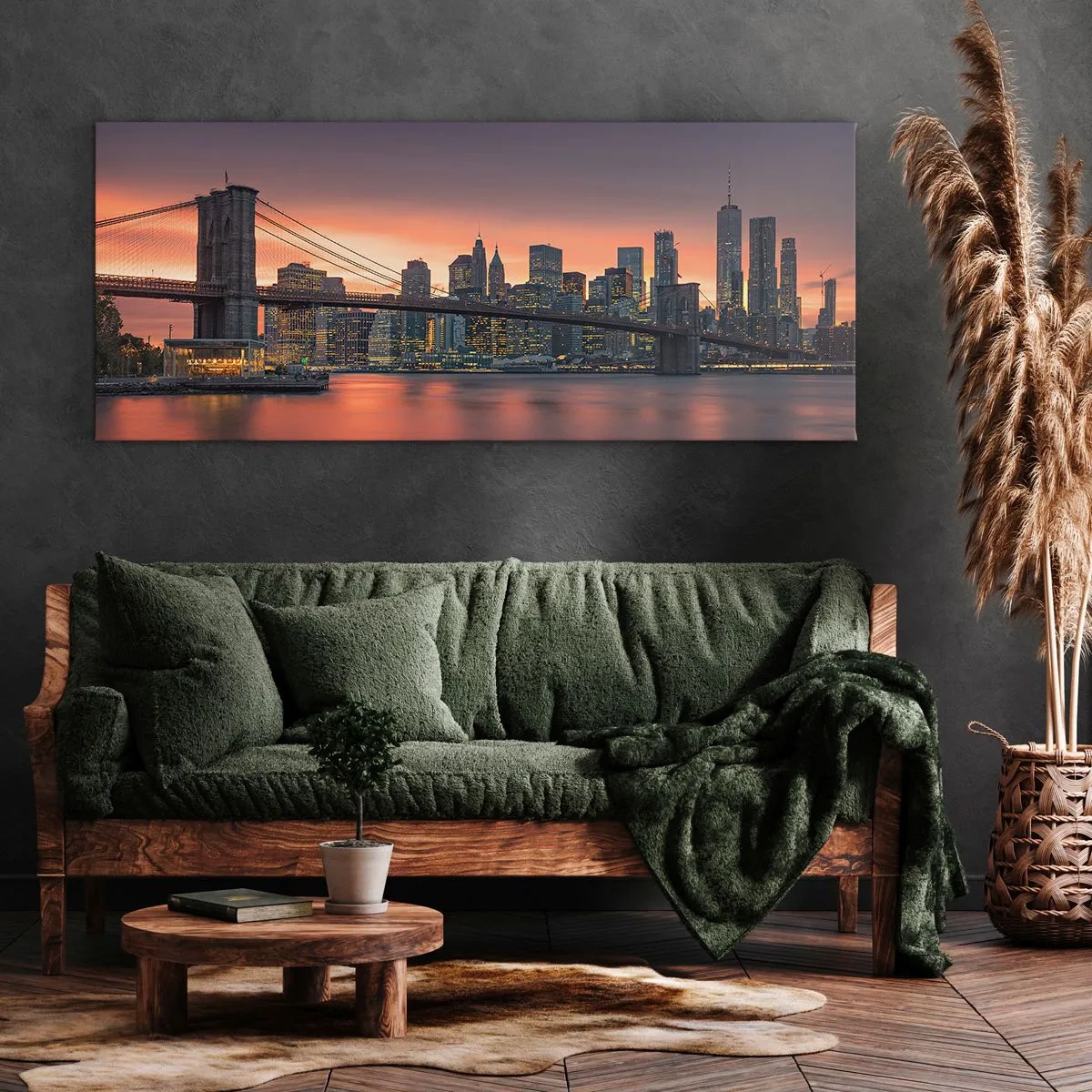 Cuadro sobre lienzo - Impresión de Imagen - Panorama nocturno de la ciudad con un puente y un cielo iluminado. - 140x50cm - Ahogado en el silencio lila - Decoración de pared moderna para salón y dormitorio ARTTOR