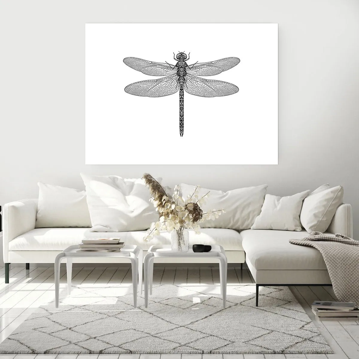 Póster - Dibujo en blanco y negro de una libélula sobre un fondo blanco en estilo minimalista. - 100x70cm - Precisión de la naturaleza - Decoración de pared moderna para salón y dormitorio ARTTOR