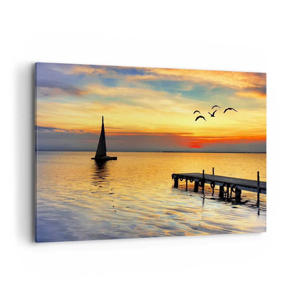 Cuadro sobre lienzo - Impresión de Imagen - Puesta de sol con un velero y un muelle en un lago tranquilo - 100x70cm - Regresos nocturnos - Decoración de pared moderna para salón y dormitorio ARTTOR