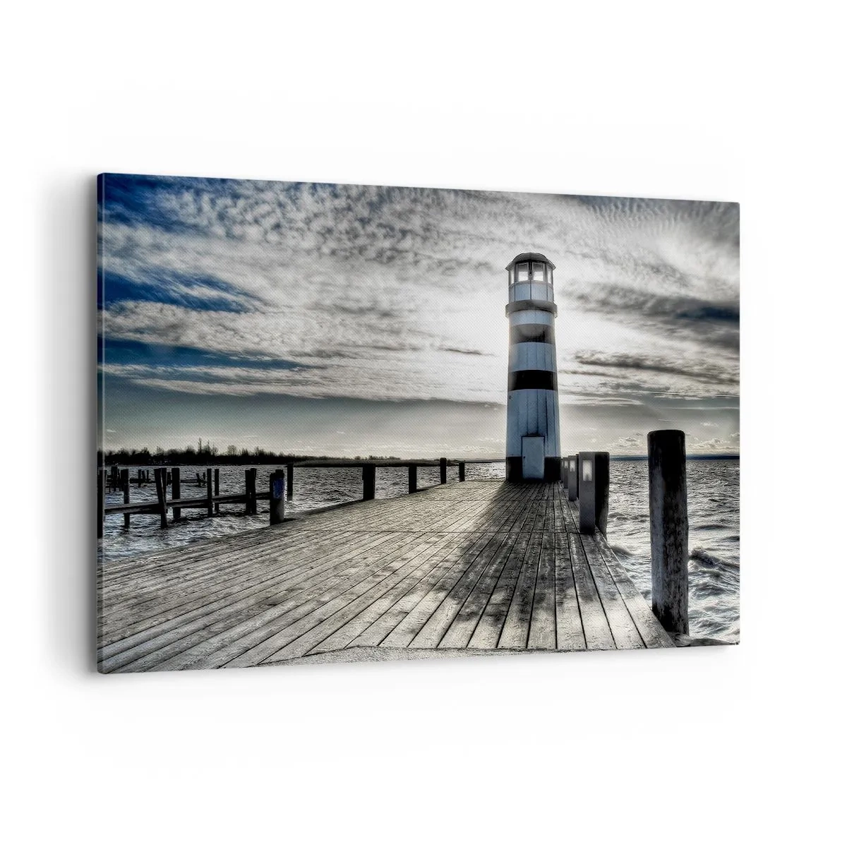 Cuadro sobre lienzo - Impresión de Imagen - Faro en un muelle de madera con vistas al mar. - 100x70cm - Marineros, aquí os espero - Decoración de pared moderna para salón y dormitorio ARTTOR