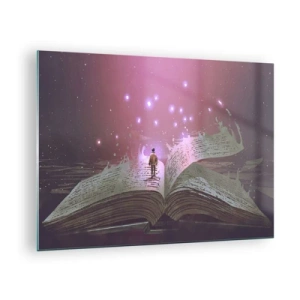Cuadro sobre vidrio - Impresiones sobre Vidrio - Un libro abierto del que flotan luz mágica y estrellas. - 70x50cm - Una invitación a otro mundo - Decoración de pared moderna para salón y dormitorio ARTTOR