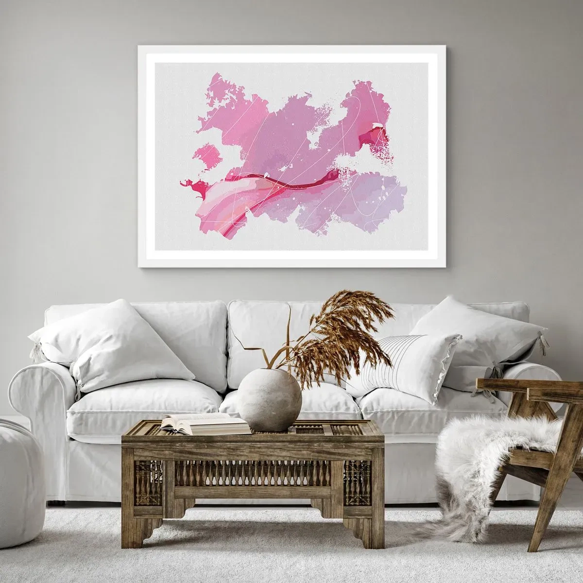 Póster en marco blanco - Mapa de un mundo rosa - 100x70 cm
