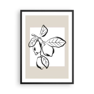 Póster en marco negro - Una ilustración minimalista de una rama de limón en estilo blanco y negro. - 50x70cm - Donde el limón madura... - Decoración de pared moderna para salón y dormitorio ARTTOR