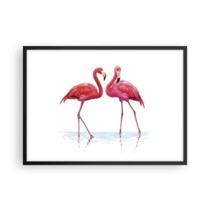 Póster en marco negro - Una pareja de flamencos en el agua contra un fondo claro. - 70x50cm - Cita rosada - Decoración de pared moderna para salón y dormitorio ARTTOR