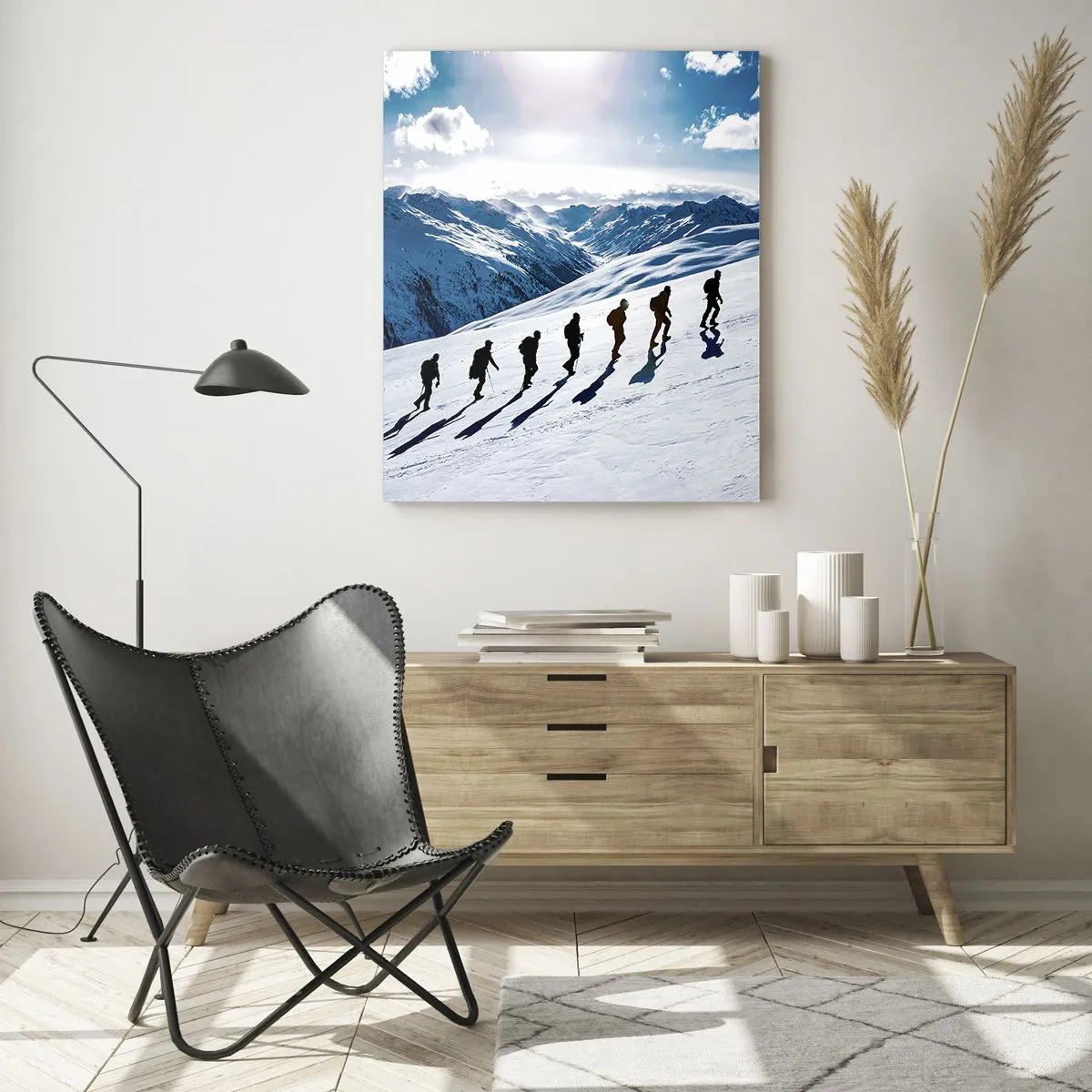 Cuadro sobre vidrio - Impresiones sobre Vidrio - Grupo escalando una ladera nevada en las montañas - 50x70cm - Equipo de conquistadores - Decoración de pared moderna para salón y dormitorio ARTTOR