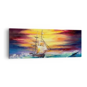 Cuadro sobre lienzo - Impresión de Imagen - Un velero con el telón de fondo de una colorida puesta de sol. - 140x50cm - Valientemente surcando las olas - Decoración de pared moderna para salón y dormitorio ARTTOR