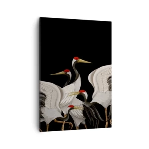 Cuadro sobre lienzo - Impresión de Imagen - Grúas blancas con acentos rojos sobre fondo negro - 50x70cm - Asuntos de aves - Decoración de pared moderna para salón y dormitorio ARTTOR