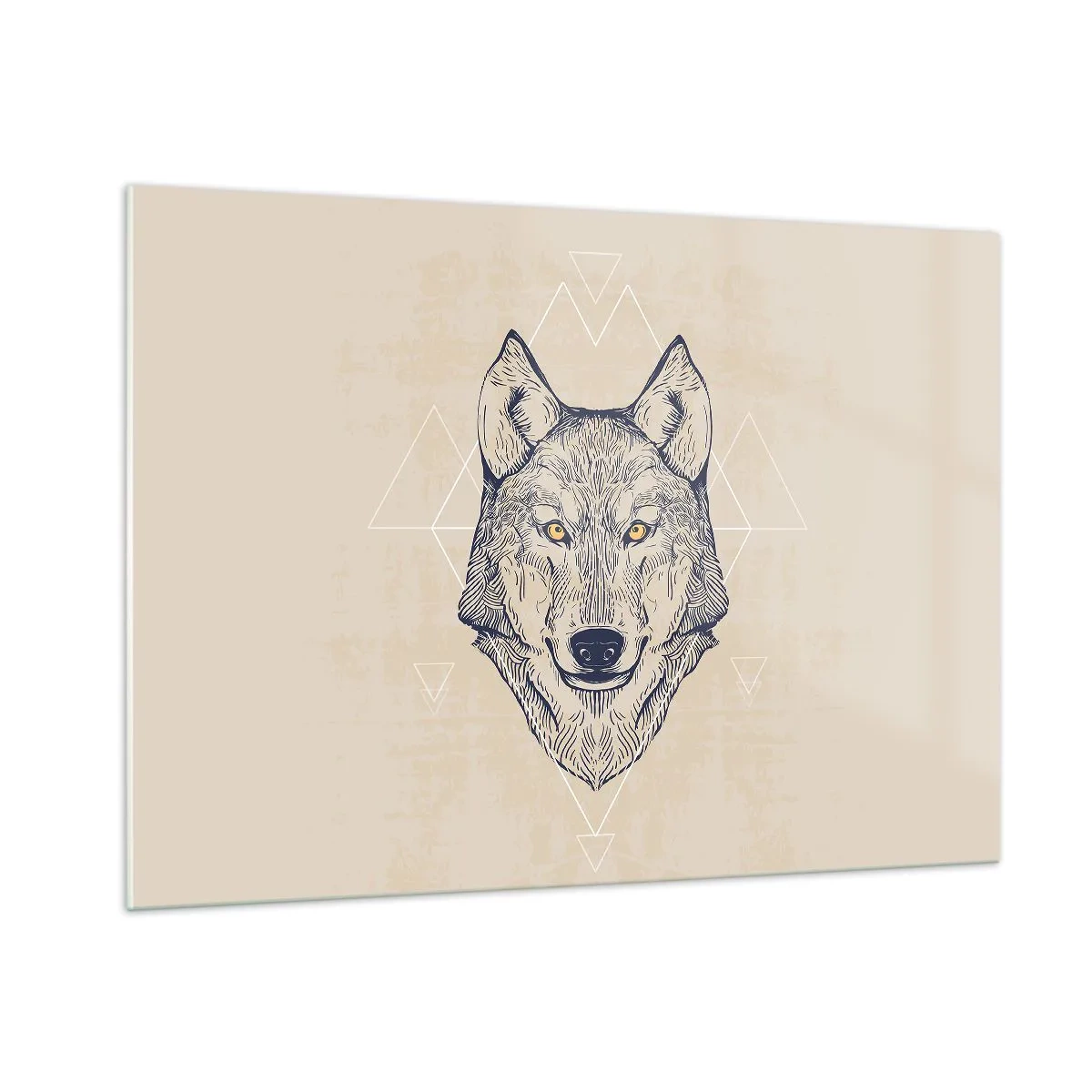 Cuadro sobre vidrio - Impresiones sobre Vidrio - Cabeza de lobo sobre un fondo de patrones geométricos. - 100x70cm - La mirada del lobo alfa - Decoración de pared moderna para salón y dormitorio ARTTOR