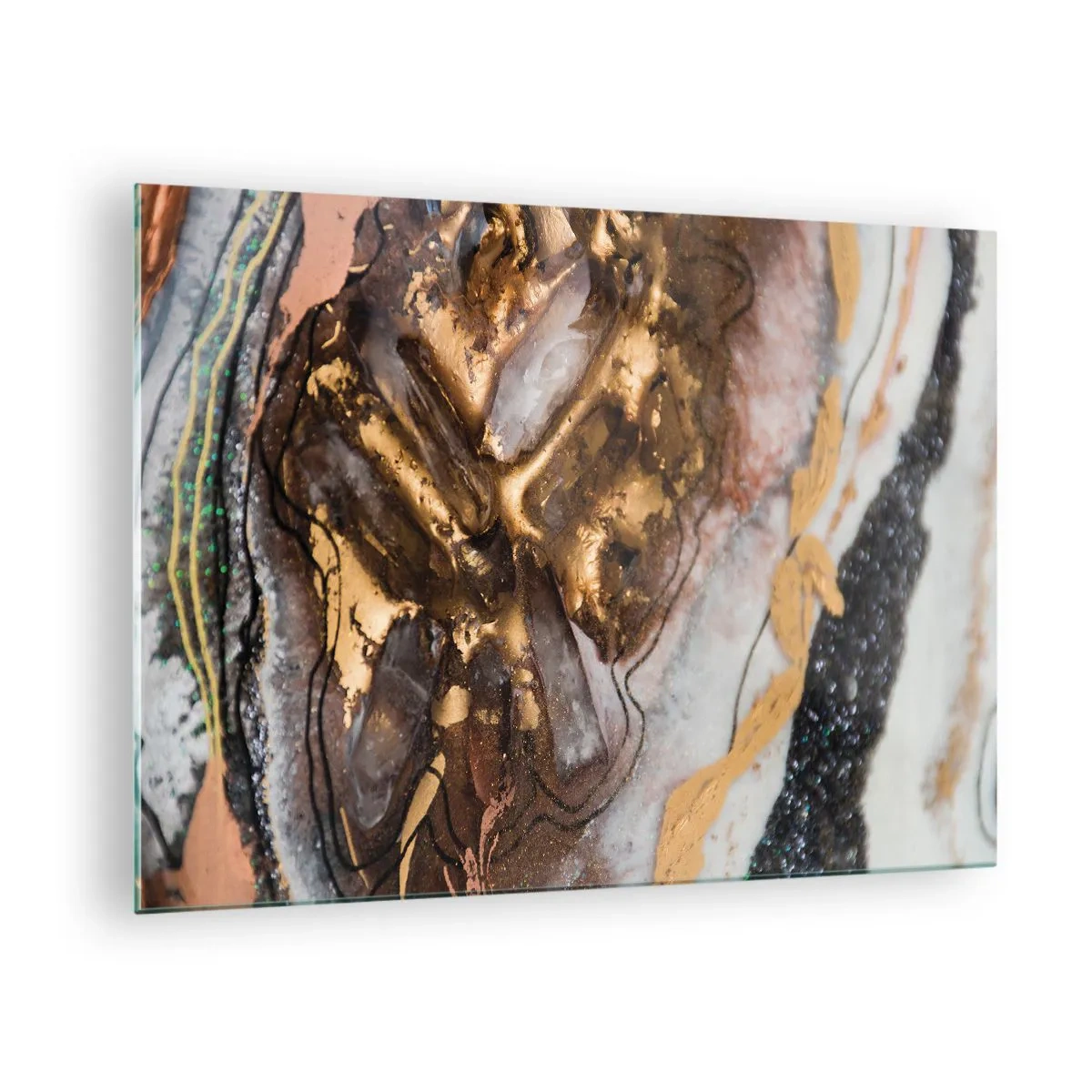 Cuadro sobre vidrio - Impresiones sobre Vidrio - Una pintura abstracta en tonos dorados, marrones y blancos con una textura mineral. - 70x50cm - Elemento de la tierra - Decoración de pared moderna para salón y dormitorio ARTTOR