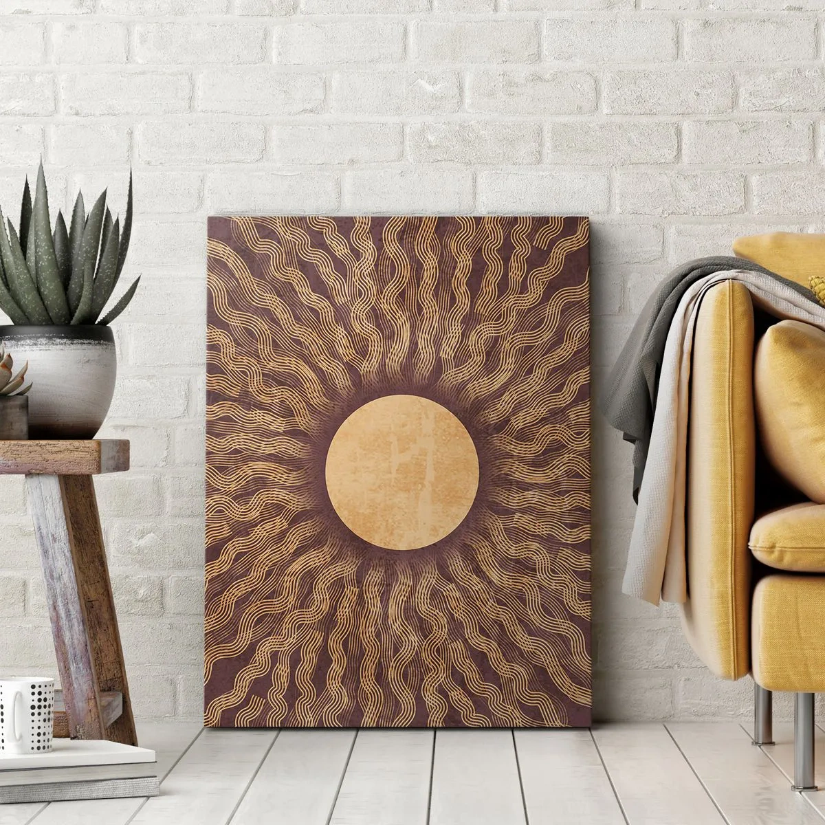 Cuadro sobre lienzo - Impresión de Imagen - Patrón soleado con rayos sobre un fondo en tonos marrones. - 50x70cm - Icono del sol - Decoración de pared moderna para salón y dormitorio ARTTOR