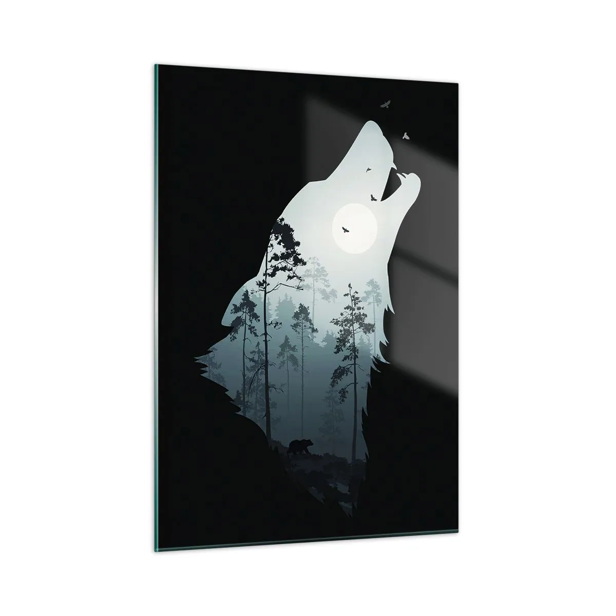 Cuadro sobre vidrio - Impresiones sobre Vidrio - Silueta de un lobo con un bosque y la luna al fondo sobre un fondo negro - 50x70cm - Voz de la noche del bosque - Decoración de pared moderna para salón y dormitorio ARTTOR