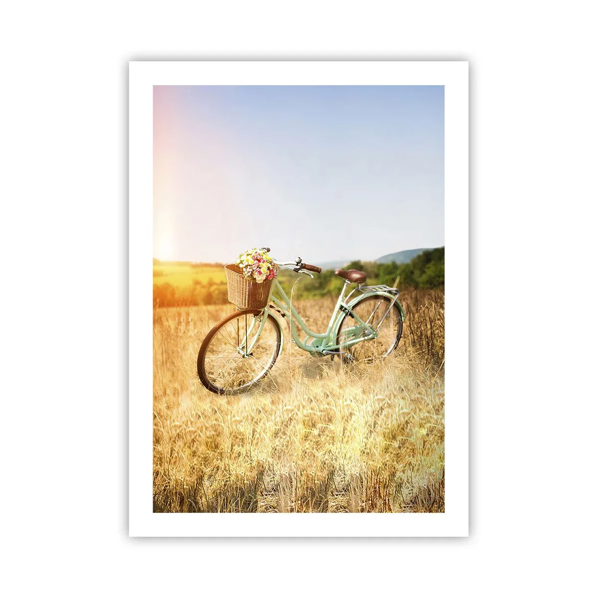 Póster - Una bicicleta con una cesta llena de flores en un prado. - 50x70cm - Me quedaré aquí un tiempo - Decoración de pared moderna para salón y dormitorio ARTTOR
