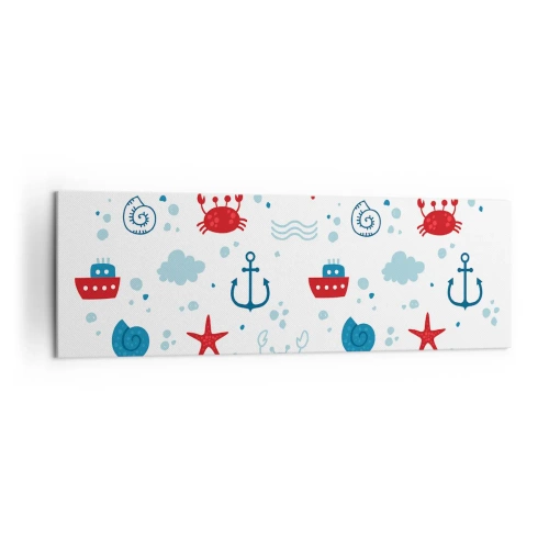 Cuadro sobre lienzo - Impresión de Imagen - Patrón náutico con anclas, barcos y cangrejos. - 160x50cm - Un cuento de mar - Decoración de pared moderna para salón y dormitorio ARTTOR