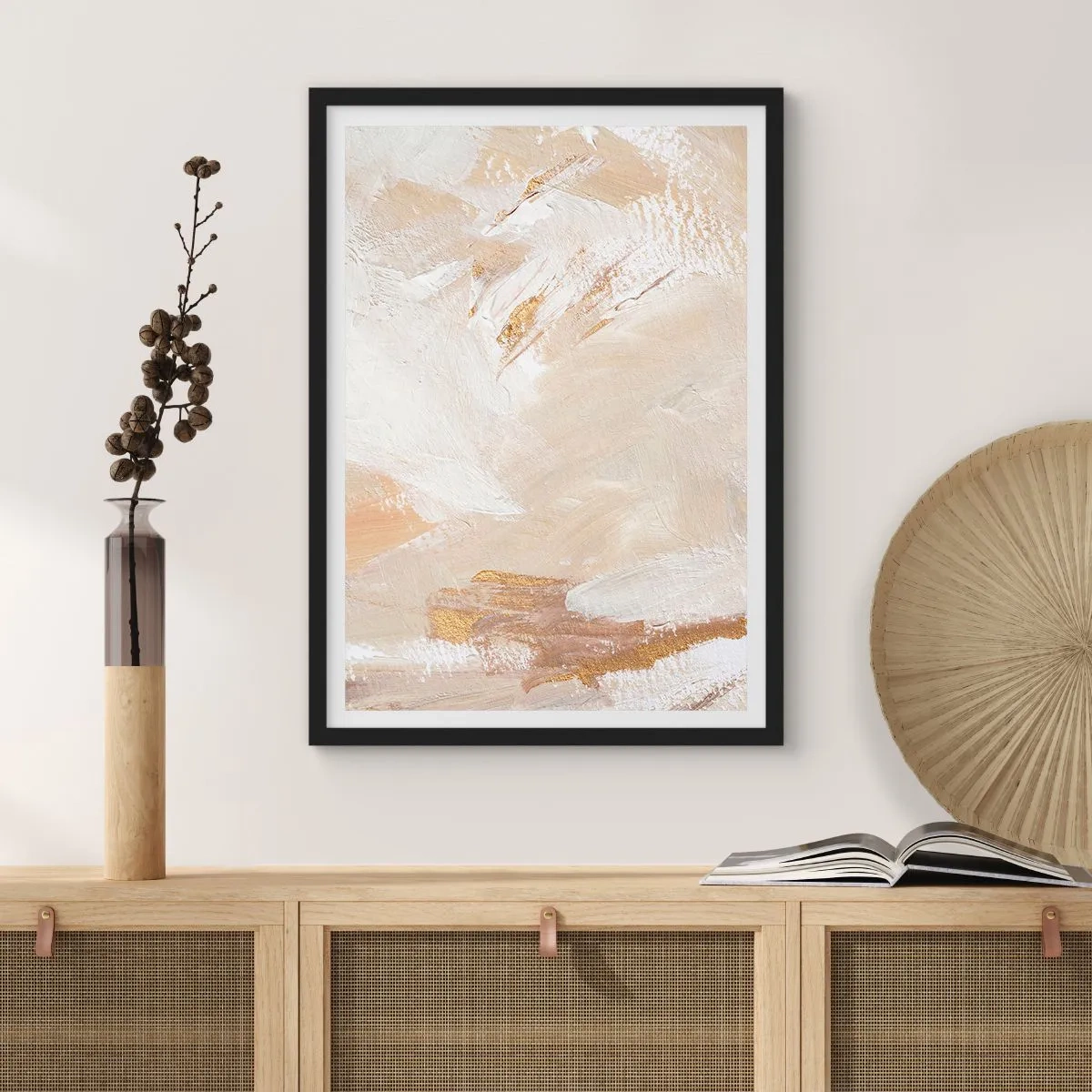 Póster en marco negro - Pinceladas abstractas en beige y dorado - 50x70cm - Composición en pastel - Decoración de pared moderna para salón y dormitorio ARTTOR