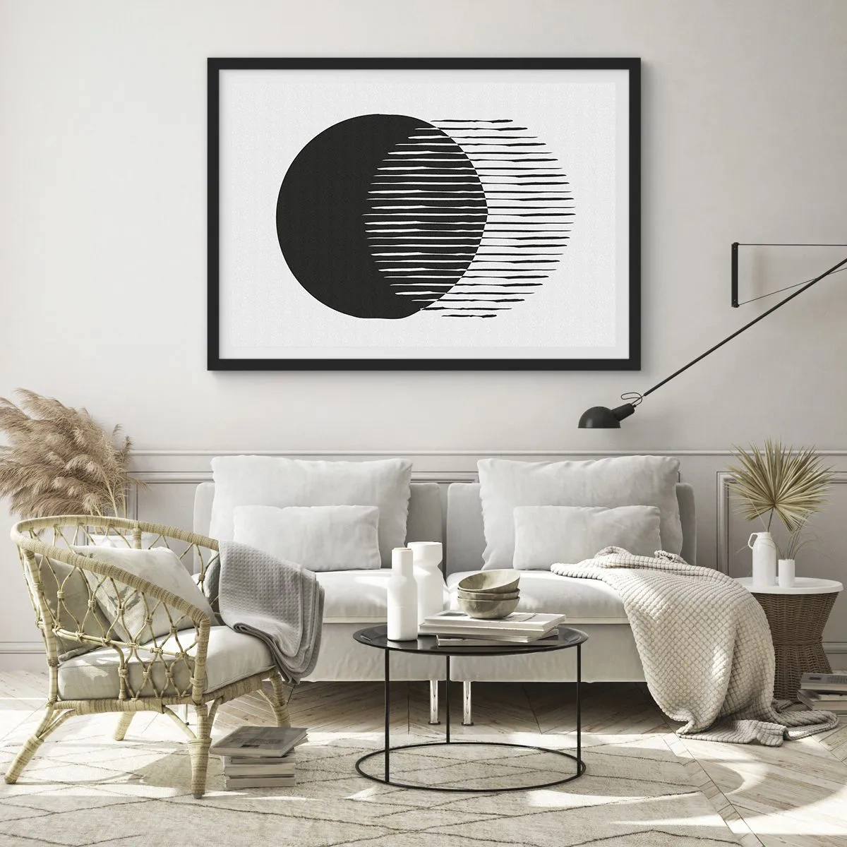 Póster en marco negro - Dos círculos superpuestos con líneas blancas y negras. - 70x50cm - Su alter ego - Decoración de pared moderna para salón y dormitorio ARTTOR