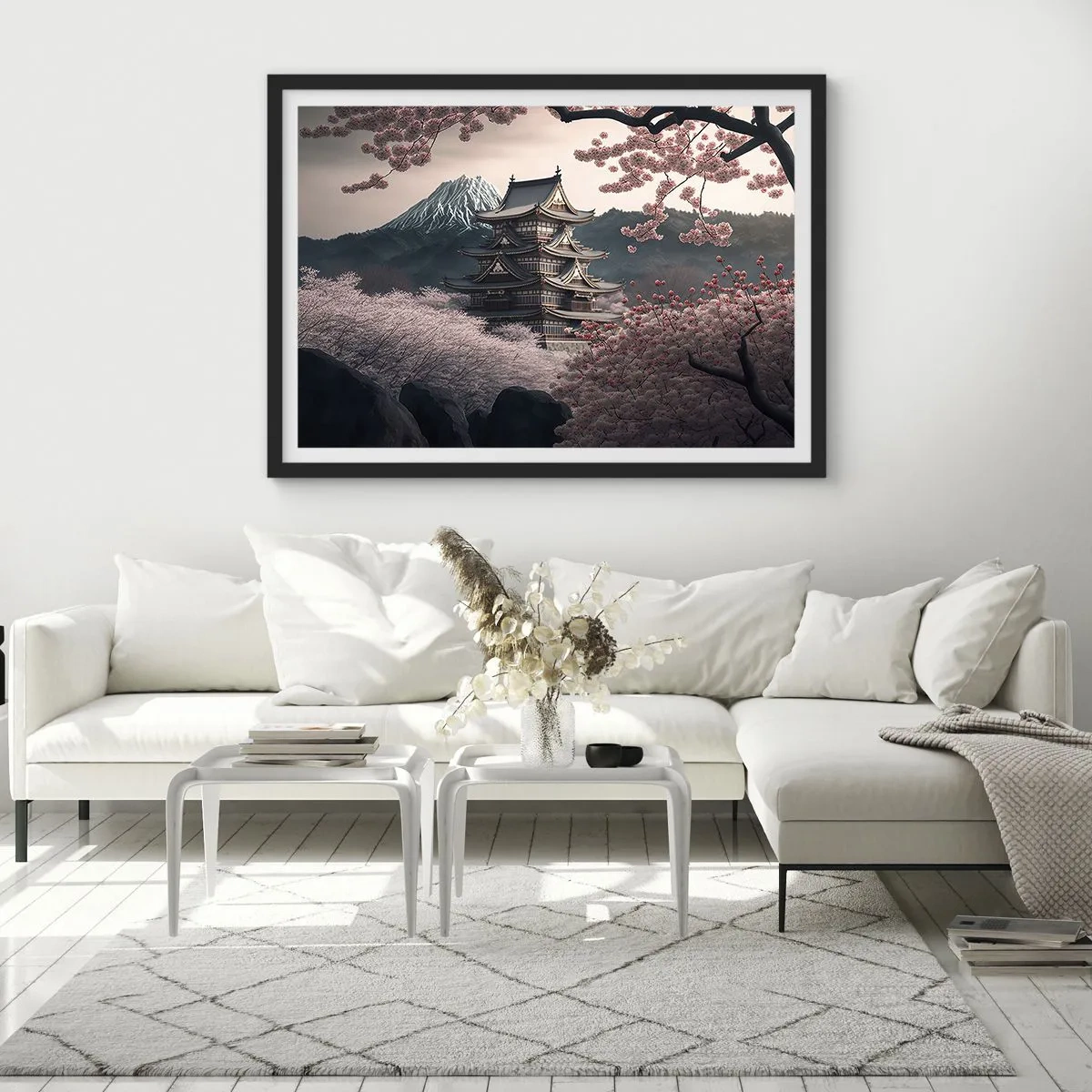 Póster en marco negro - Un templo japonés rodeado de flores de cerezo y montañas. - 70x50cm - Tierra de cerezos en flor - Decoración de pared moderna para salón y dormitorio ARTTOR