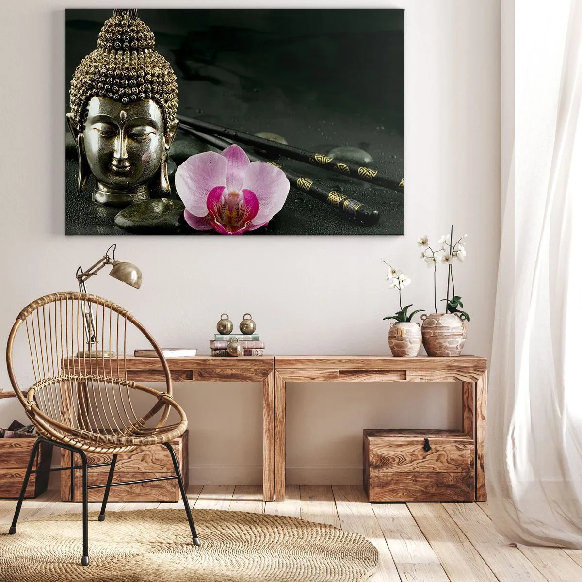 Cuadro sobre lienzo - Impresión de Imagen - Una estatuilla de Buda con una orquídea y palillos sobre un fondo de piedras. - 100x70cm - La armonía de la sabiduría y la belleza - Decoración de pared moderna para salón y dormitorio ARTTOR