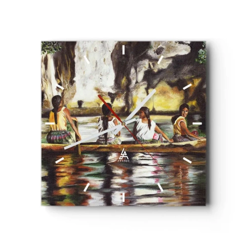 Reloj de pared - Reloj de vidrio - Mujeres en un bote en un río tranquilo con un fondo pintoresco - 30x30cm - En un paraíso polinesio - Decoración de pared moderna para salón y dormitorio ARTTOR