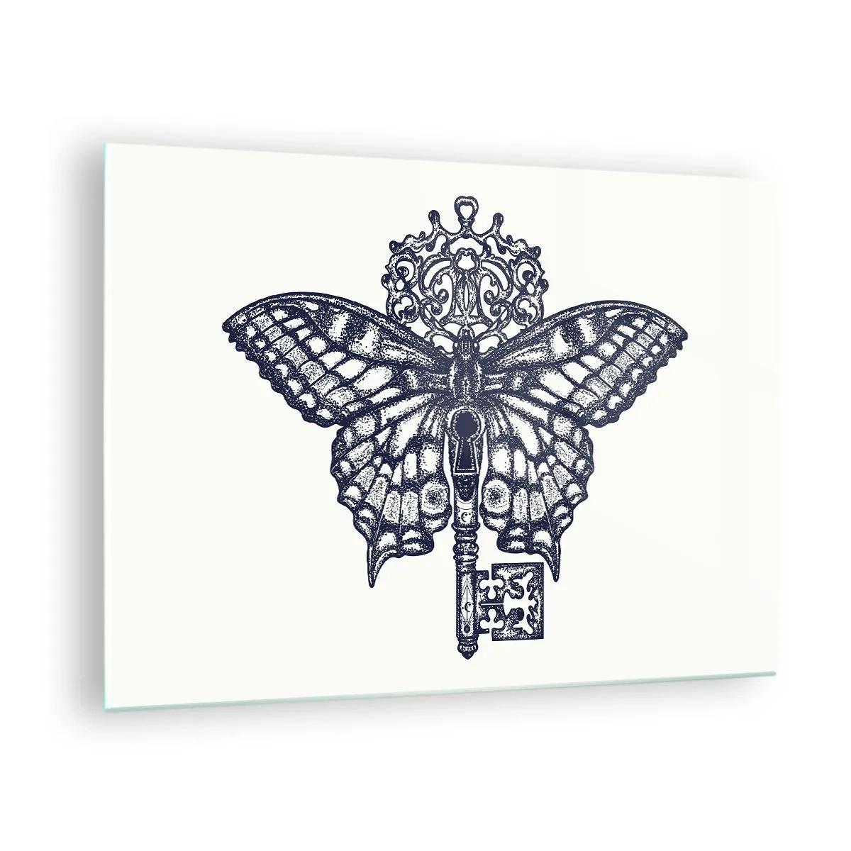 Cuadro sobre vidrio - Impresiones sobre Vidrio - Ilustración de una mariposa con una llave en el centro. - 70x50cm - Todos los secretos del corazón - Decoración de pared moderna para salón y dormitorio ARTTOR