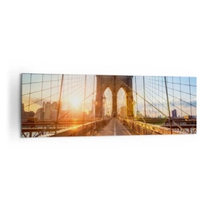 Cuadro sobre lienzo - Impresión de Imagen - El puente a la luz del sol poniente con vistas a la ciudad. - 160x50cm - En el puente dorado - Decoración de pared moderna para salón y dormitorio ARTTOR