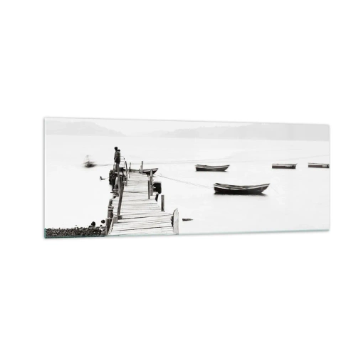 Cuadro sobre vidrio - Impresiones sobre Vidrio - Muelle de madera y barcos en aguas tranquilas - 140x50cm - Junto al agua tranquila y clara - Decoración de pared moderna para salón y dormitorio ARTTOR