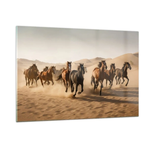 Cuadro sobre vidrio - Impresiones sobre Vidrio - Una manada de caballos al galope en el desierto entre las dunas de arena. - 120x80cm - Libre como el viento - Decoración de pared moderna para salón y dormitorio ARTTOR