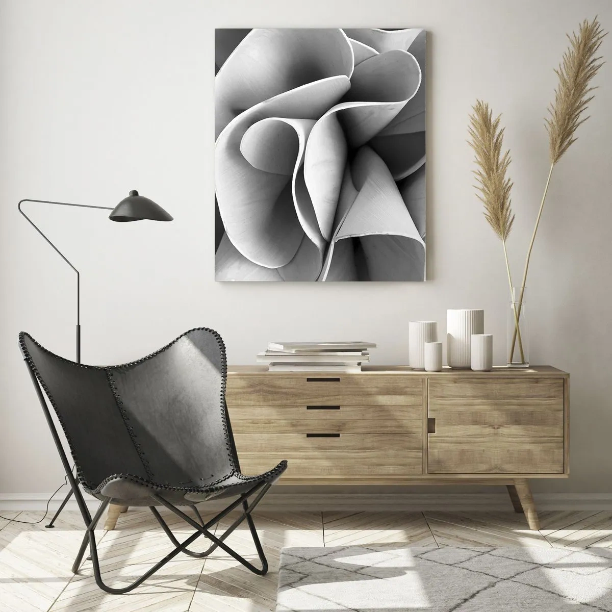 Cuadro sobre vidrio - Impresiones sobre Vidrio - Primer plano en blanco y negro de formas espirales abstractas - 50x70cm - Sucede en el espacio - Decoración de pared moderna para salón y dormitorio ARTTOR