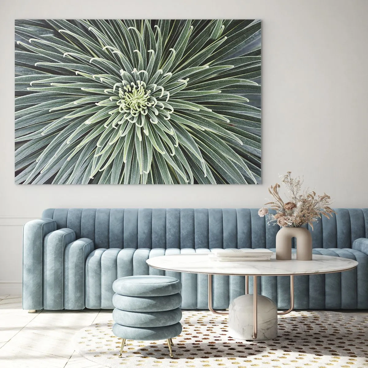 Cuadro sobre vidrio - Impresiones sobre Vidrio - Roseta simétrica de hojas verdes en fotografía macro - 70x50cm - El nacimiento de una estrella - Decoración de pared moderna para salón y dormitorio ARTTOR
