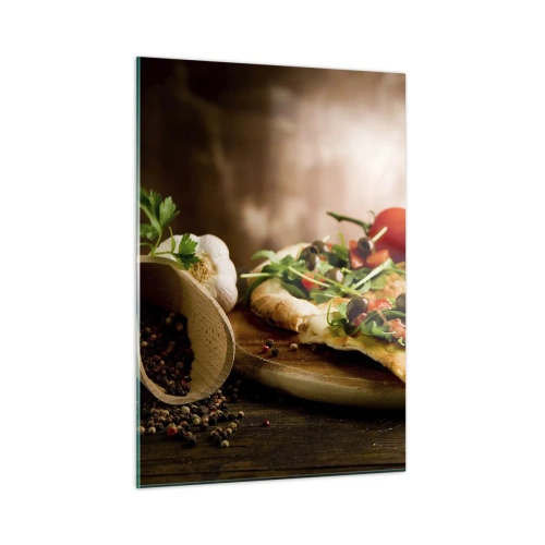 Cuadro sobre vidrio - Impresiones sobre Vidrio - Pizza sobre tabla de madera con rúcula y tomates - 50x70cm - Directamente del horno y del jardín - Decoración de pared moderna para salón y dormitorio ARTTOR