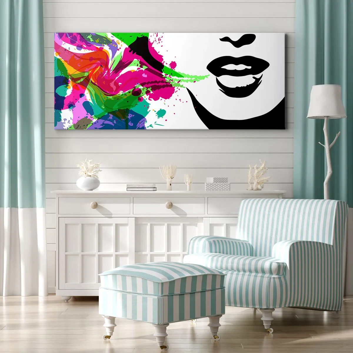 Cuadro sobre lienzo - Impresión de Imagen - Retrato abstracto colorido con formas dinámicas - 120x50cm - Una historia con los colores del arco iris - Decoración de pared moderna para salón y dormitorio ARTTOR