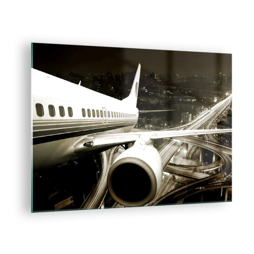 Cuadro sobre vidrio - Impresiones sobre Vidrio - Un avión sobre la ciudad por la noche con un ambiente industrial. - 70x50cm - Vuela hacia la noche - Decoración de pared moderna para salón y dormitorio ARTTOR