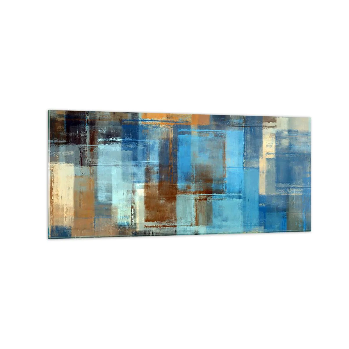 Cuadro sobre vidrio - Impresiones sobre Vidrio - Composición geométrica abstracta en tonos azules y marrones. - 120x50cm - A través del velo azul - Decoración de pared moderna para salón y dormitorio ARTTOR