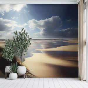 Fotomural Standard Eco - Una playa de arena con dunas iluminadas por los rayos del sol. - 100x70cm - Playa, playa salvaje - Decoración de pared moderna para salón y dormitorio ARTTOR