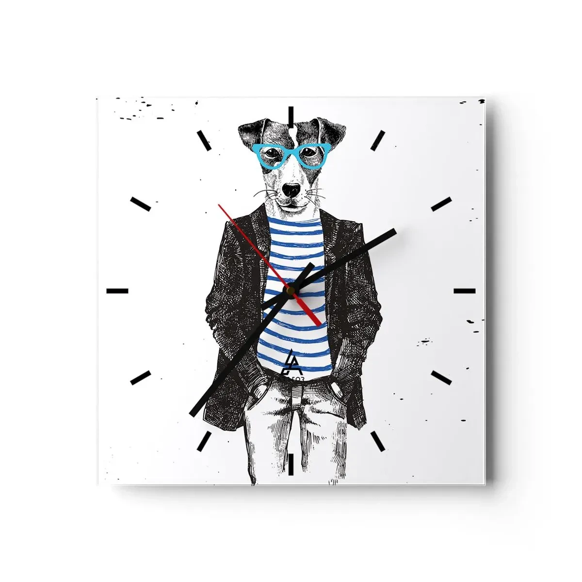 Reloj de pared - Reloj de vidrio - Retrato de un perro con gafas y camisa de marinero en estilo humorístico. - 30x30cm - El encanto del perro - Decoración de pared moderna para salón y dormitorio ARTTOR