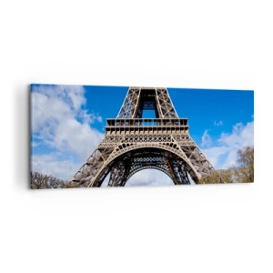 Cuadro sobre lienzo - Impresión de Imagen - La Torre Eiffel con el cielo azul y un parque verde como fondo. - 120x50cm - Todo París a sus pies - Decoración de pared moderna para salón y dormitorio ARTTOR