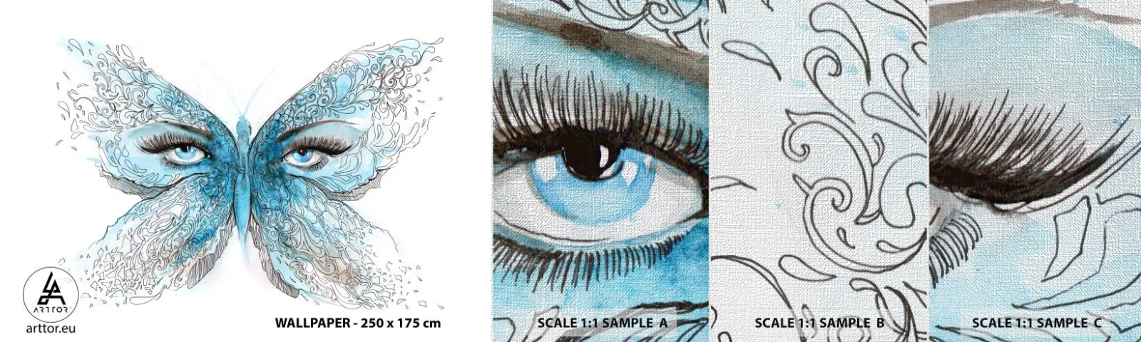 Muestra de fotomural Premium Canvas - Mirada de mariposa - Abstracción, Mariposa, ojos femeninos - 100x30 cm