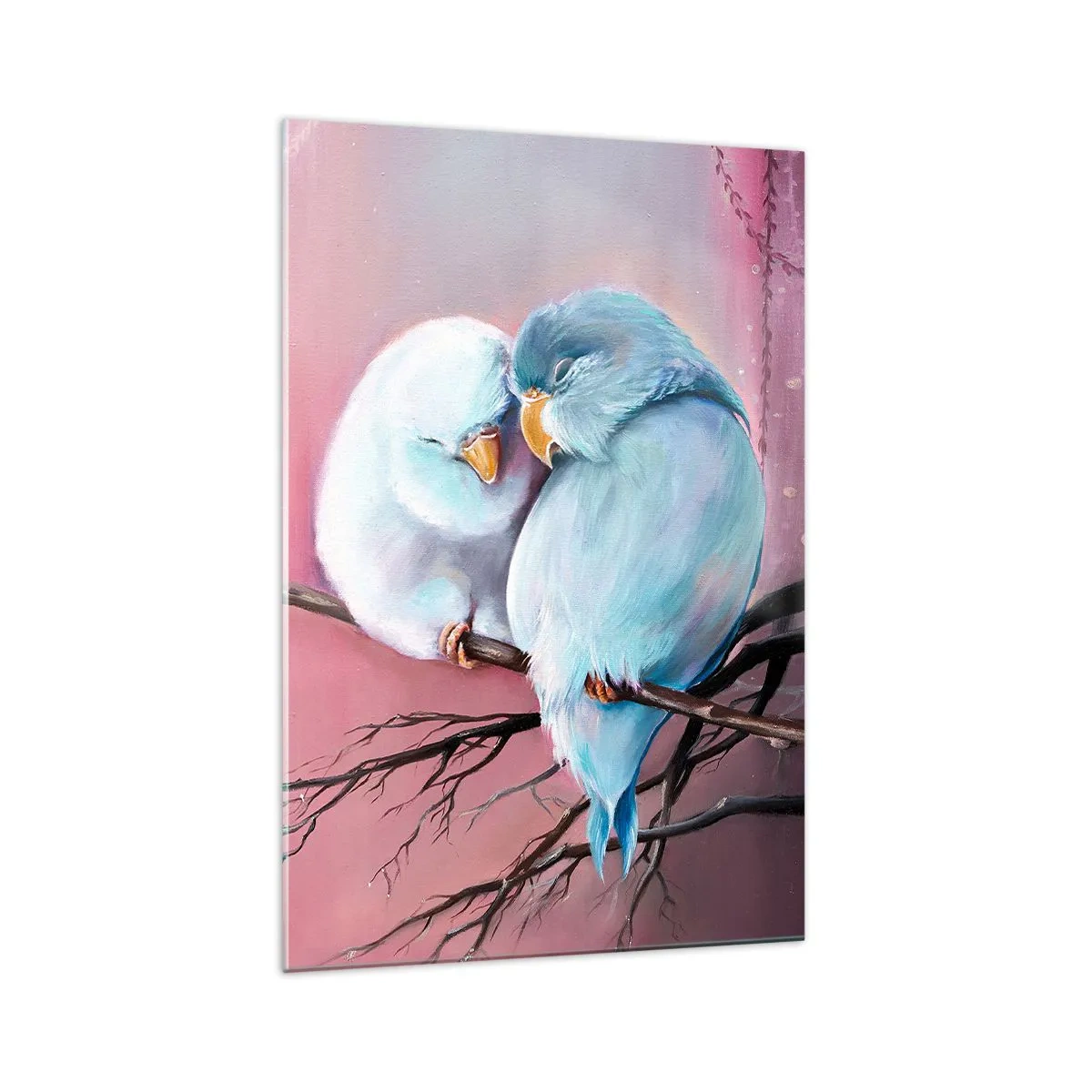 Cuadro sobre vidrio - Impresiones sobre Vidrio - Dos pájaros enamorados en una rama sobre un fondo rosa. - 70x100cm - Qué añadir aquí... - Decoración de pared moderna para salón y dormitorio ARTTOR