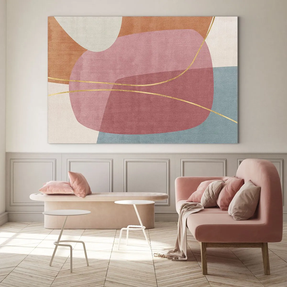 Cuadro sobre vidrio - Impresiones sobre Vidrio - Formas pastel con líneas doradas que se entrecruzan - 70x50cm - Composición en pastel con hilos de oro - Decoración de pared moderna para salón y dormitorio ARTTOR