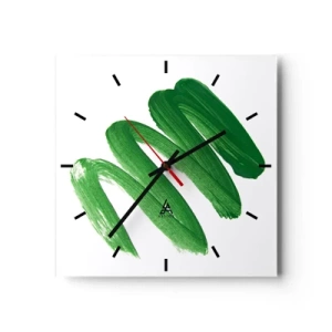 Reloj de pared - Reloj de vidrio - Trazo de pincel abstracto verde sobre fondo blanco - 30x30cm - Una broma verde - Decoración de pared moderna para salón y dormitorio ARTTOR