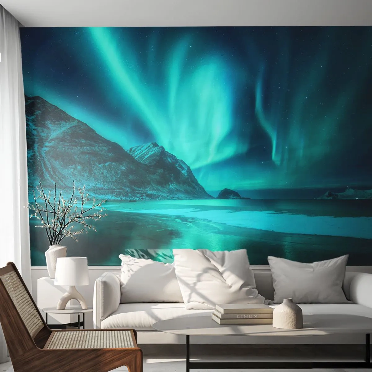 Fotomural Autadhesivo Deluxe Sticker - Maravillas del norte - Paisaje, Polo Norte, Auroras boreales - 500x350 cm