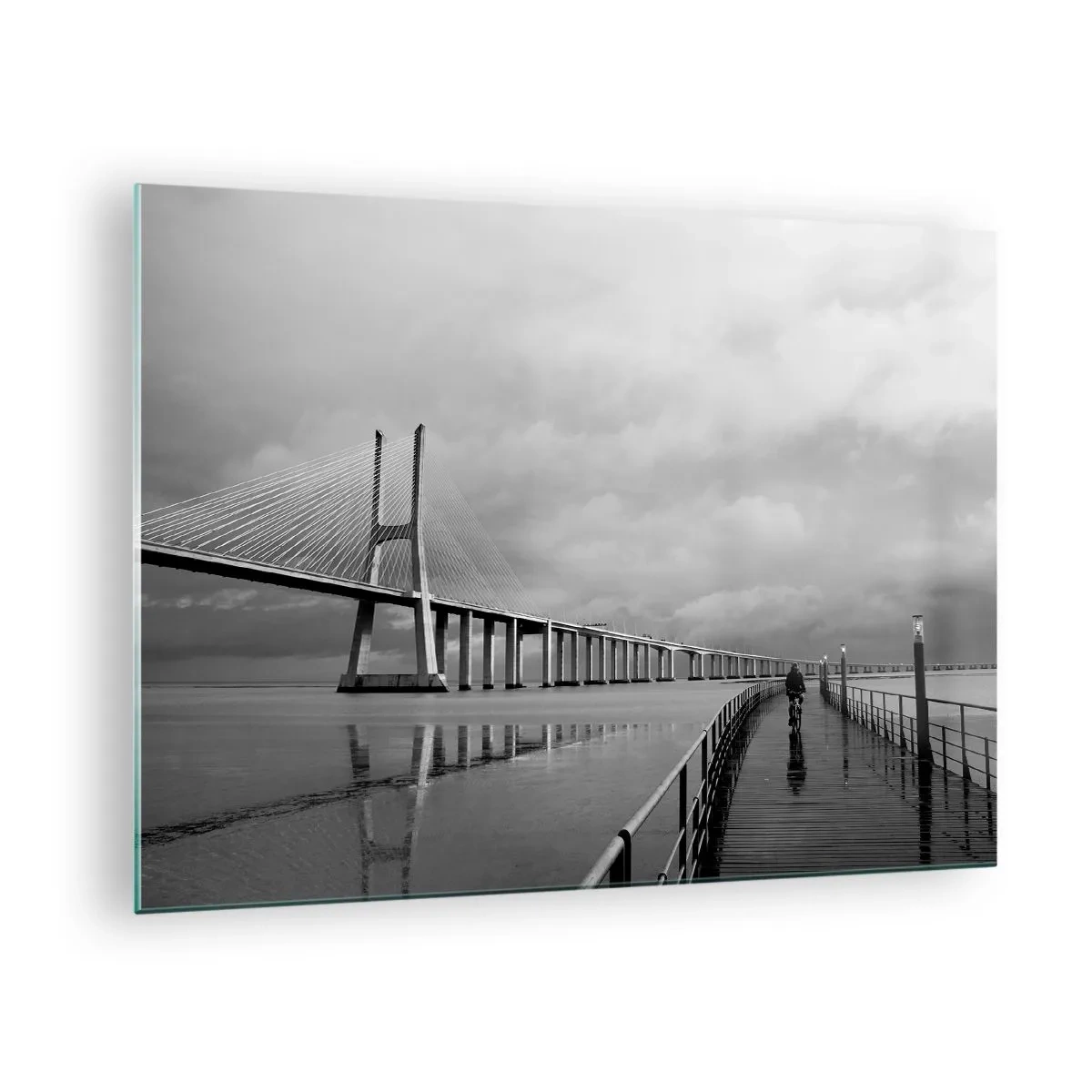 Cuadro sobre vidrio - Impresiones sobre Vidrio - Un puente en un paisaje monocromático con un ciclista. - 70x50cm - A cada uno lo suyo - Decoración de pared moderna para salón y dormitorio ARTTOR