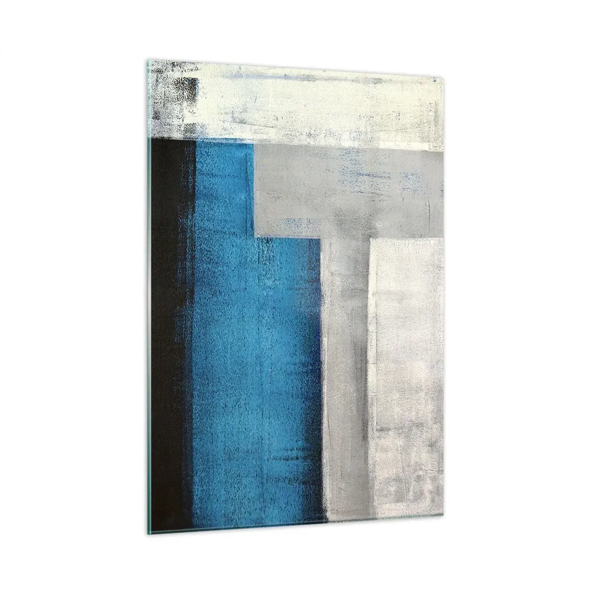 Cuadro sobre vidrio - Impresiones sobre Vidrio - Abstracción geométrica en azul, gris y blanco. - 50x70cm - Composición poética de gris y azul - Decoración de pared moderna para salón y dormitorio ARTTOR