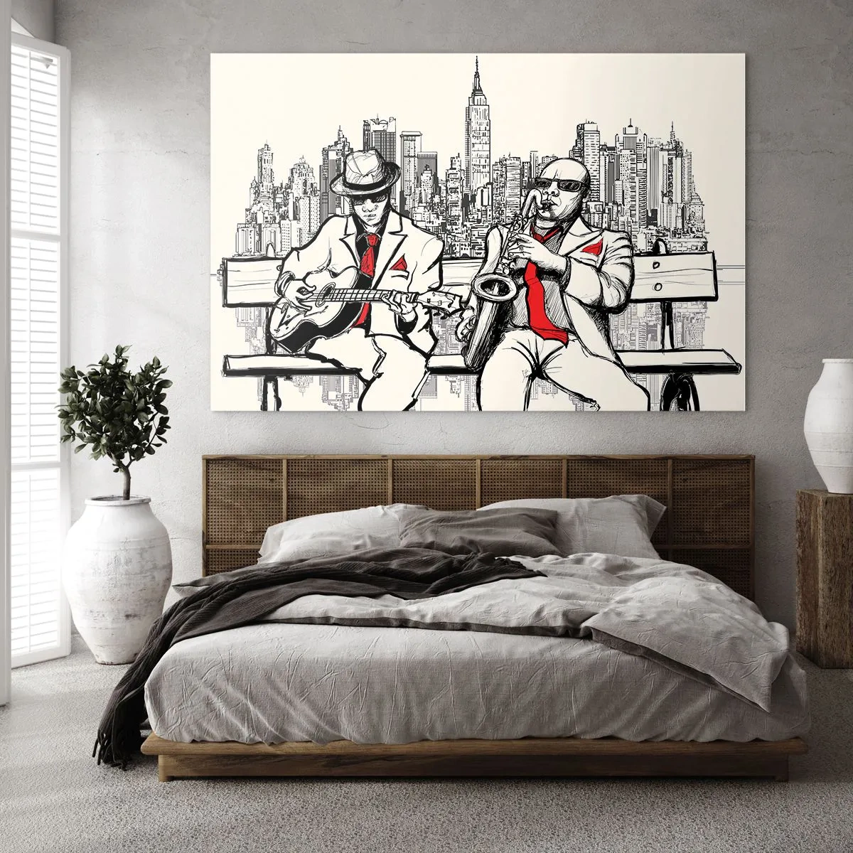 Cuadro sobre vidrio - Impresiones sobre Vidrio - Dos músicos de jazz tocando con el horizonte de la ciudad como telón de fondo. - 70x50cm - Improvisación en Nueva York - Decoración de pared moderna para salón y dormitorio ARTTOR