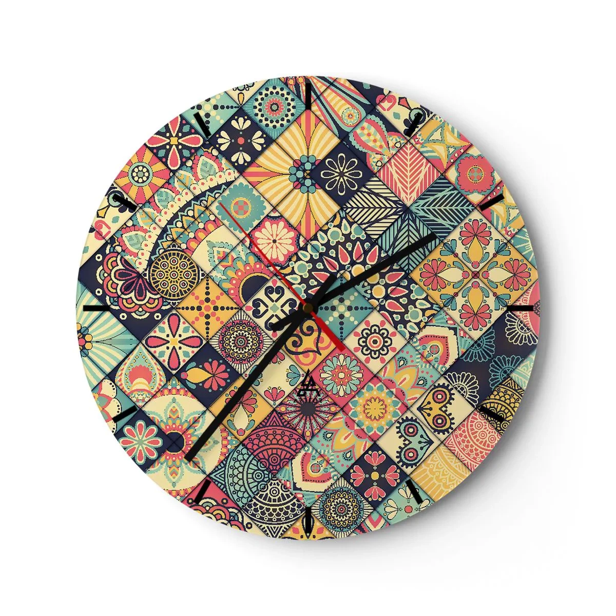 Reloj de pared - Reloj de vidrio - Motivo de patchwork colorido con patrones geométricos. - 30x30cm - Clima marroquí - Decoración de pared moderna para salón, cocina y dormitorio ARTTOR