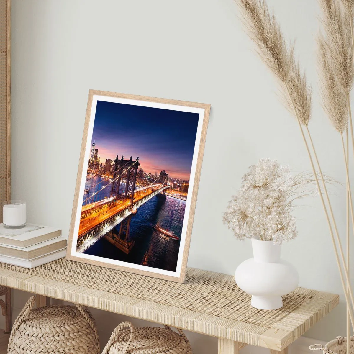 Póster en marco roble claro - Un puente luminoso hacia el corazón de la ciudad - 30x40 cm