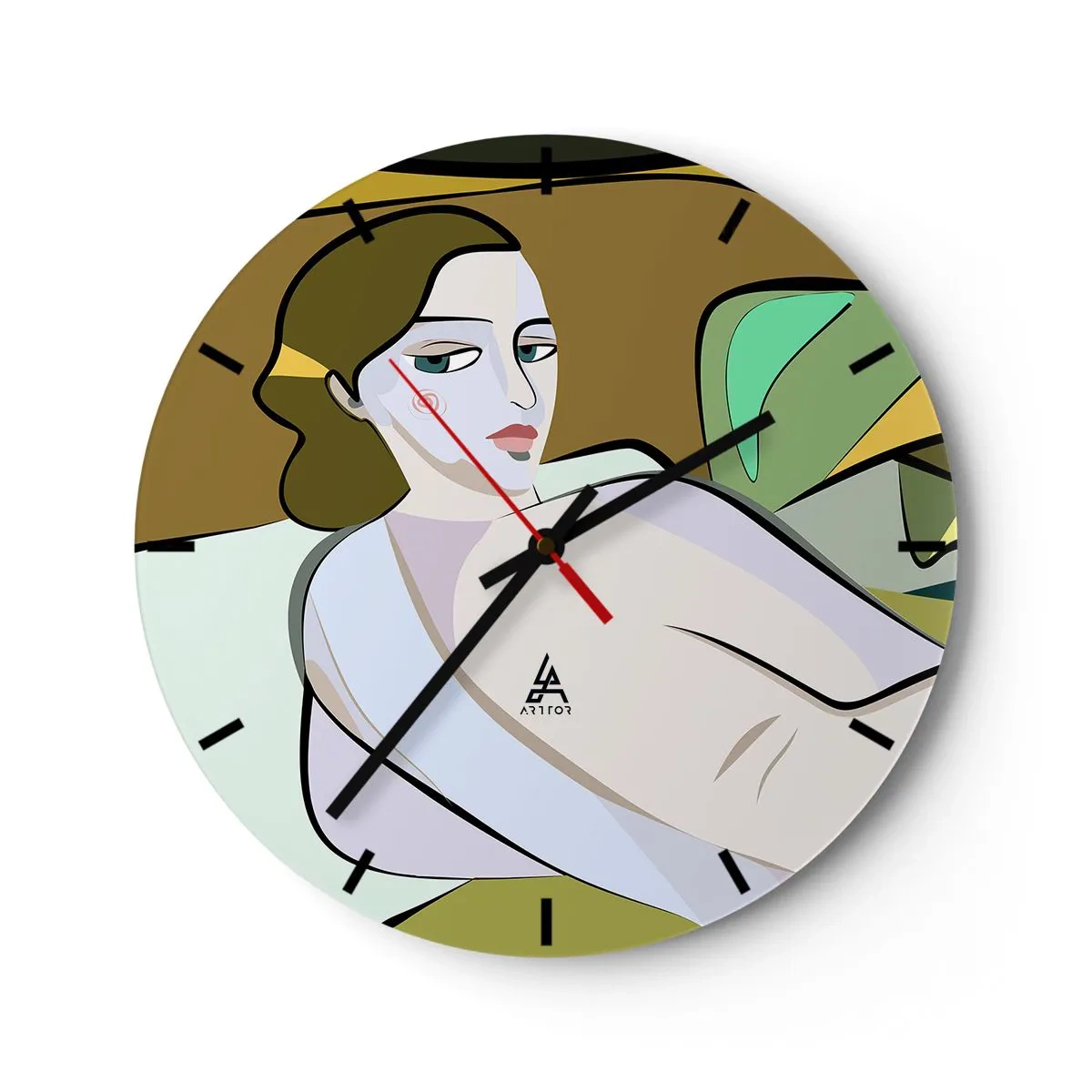 Reloj de pared - Reloj de vidrio - Una figura femenina de estilo cubista sobre un fondo abstracto. - 30x30cm - Retrato íntimo - Decoración de pared moderna para salón, cocina y dormitorio ARTTOR