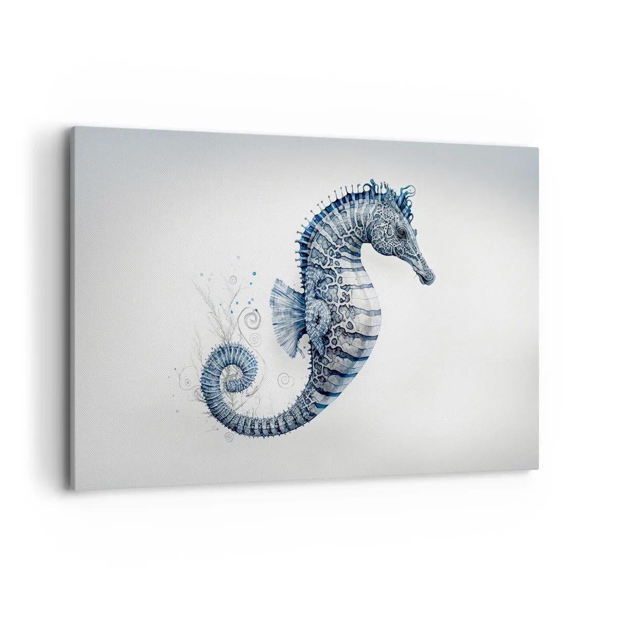 Cuadro sobre lienzo - Impresión de Imagen - Caballito de mar en tonos azules con detalles de acuarela - 120x80cm - Una sutil broma de la naturaleza - Decoración de pared moderna para salón y dormitorio ARTTOR